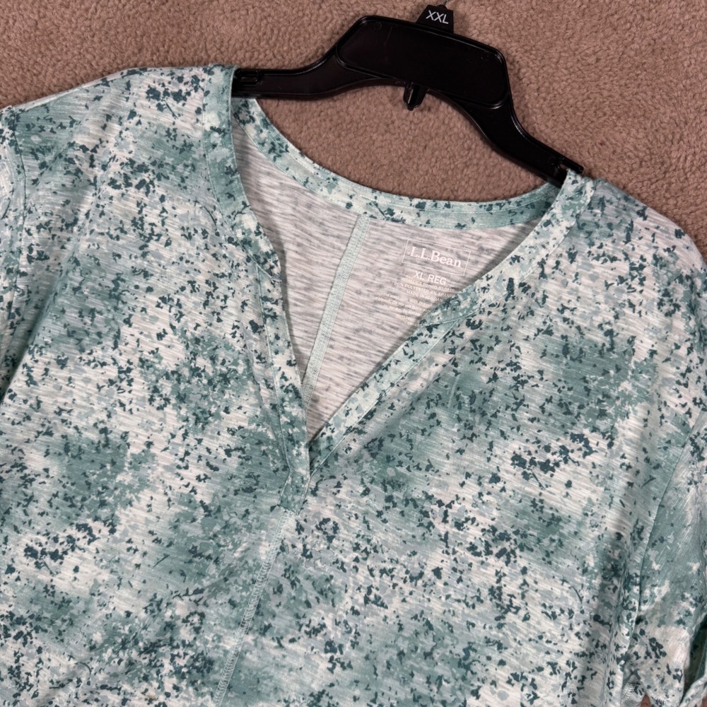 L.L.Bean T-Shirt Womens XL Green Speckled V-Neck Cuffed Sleeve Knit Top Casual